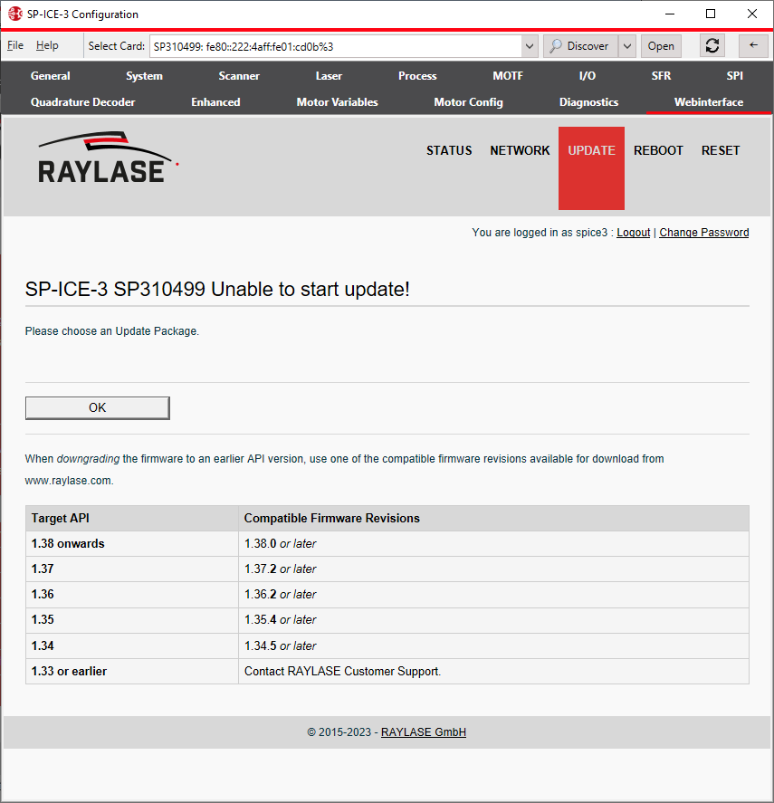 SP-ICE-3 Web Interface-Unable To Update